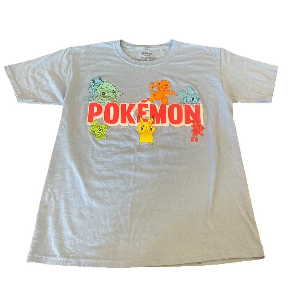 Pokemon Blue Short Sleeve Boys Large Shirt Squirtle Pikachu Charmander Bulbasaur
